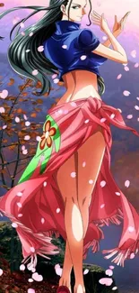 Anime character in a vibrant blossom scene with pink hues.