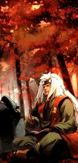 Anime character in an autumn forest with orange leaves.