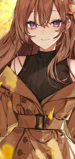 Anime girl in a trench coat with autumn leaves on a mobile wallpaper.