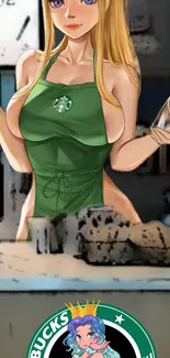 Anime barista serving coffee in a vibrant café scene.