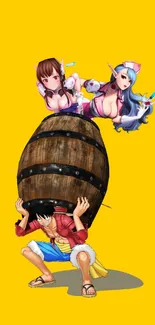 Anime character with barrel on yellow background.