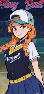 Anime girl in baseball uniform with braided hair on a sports field.