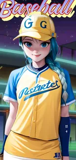 Anime baseball player with blue hair in yellow uniform.