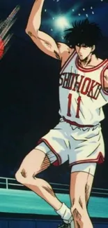 Anime character dunking basketball in dynamic action scene.