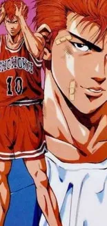 Anime basketball player in red jersey with vibrant colors.