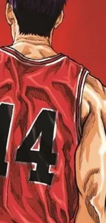 Anime character in red basketball jersey with number 14 facing away.