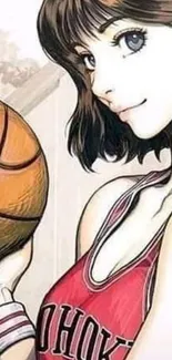 Anime girl holding basketball in red jersey illustration.