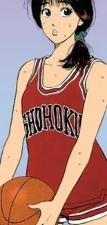 Anime basketball player holding ball, wearing a red sports uniform.