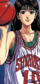 Anime girl in basketball jersey holding ball.