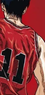 Anime character in red basketball jersey.