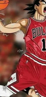 Anime basketball player in red jersey leaping.