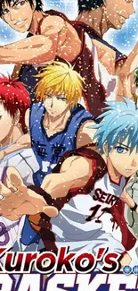 Anime basketball team in action with vibrant colors.