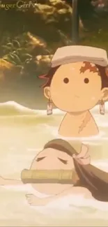 Cute anime characters enjoying a serene bath scene in a tranquil setting.