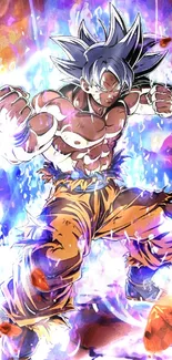 Anime hero in a dynamic battle stance with vivid purple and orange colors.