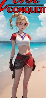 Anime character on a sunny beach with ocean waves and bright skies.