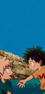 Two anime characters at the beach with a vibrant blue sky background.