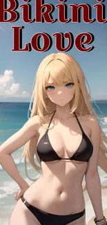 Anime girl in a bikini at the beach with ocean background.