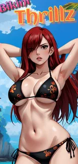 Anime character in a bikini on a beach with a vibrant sky.