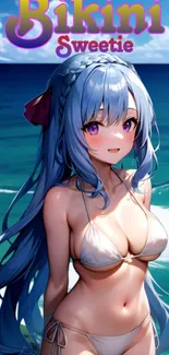 Anime girl in bikini on a beach with ocean view.