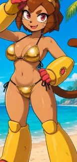 Anime character on tropical beach in golden bikini.