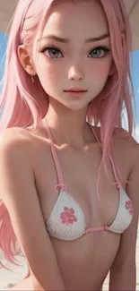 Anime girl with pink hair on a beach wallpaper.