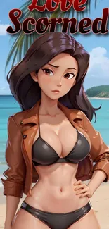 Anime character on a beach with ocean view and tropical background.