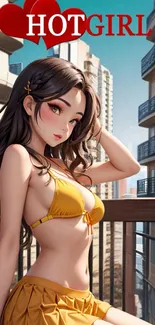 Vibrant anime girl on urban balcony in summer scenery.