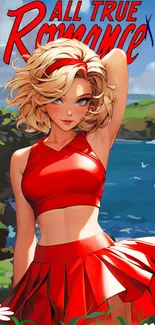 Anime girl in red outfit by the beach, vibrant wallpaper.