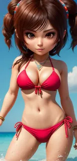 Anime girl in red bikini on a beach with clear blue sky.