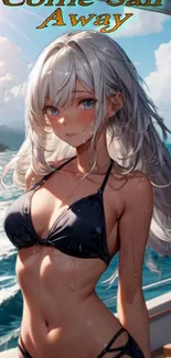 Anime girl with silver hair in a bikini on a boat with ocean background.