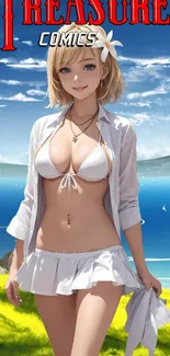 Anime girl in white bikini with blue ocean background.