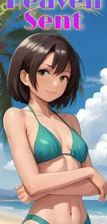 Anime girl in bikini on a beach with palm tree and blue sky.