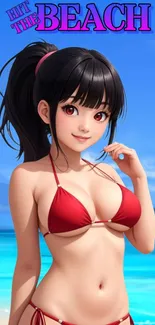 Anime girl in red bikini on a sunny beach with turquoise water.