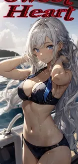 Anime girl on boat with ocean view, gray hair flowing in the breeze.