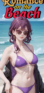 Anime girl in purple bikini on a beach with vibrant sky and ocean.