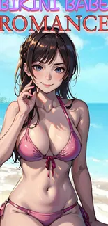 Anime girl in bikini with beach and ocean backdrop, vibrant and romantic scene.