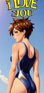 Anime character in a blue swimsuit with 'I Love You' text on a beach background.