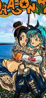 Anime characters embrace on a sunny beach with ocean background.