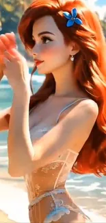Anime character with red hair on a beach.