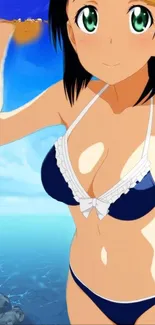 Anime girl in blue bikini at the beach