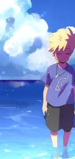 Anime character walking on beach with blue sky background.