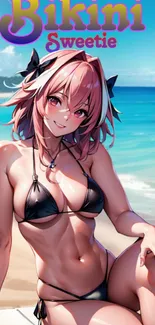 Anime girl in black bikini on tropical beach under blue sky