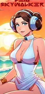 Anime character at the beach during sunset with vibrant colors.