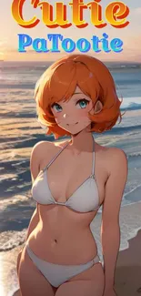 Anime girl on beach at sunset with vibrant orange hues and ocean waves.