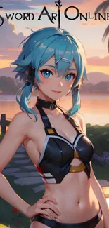 Anime character with blue hair at sunset beach.