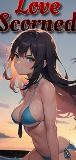 Anime character in a blue bikini at a beach sunset.