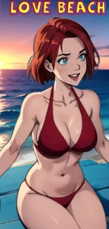 Anime girl at sunset beach with vibrant hues.