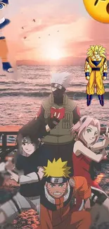 Anime characters on a beach at sunset with orange sky and sea.