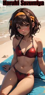 Anime character in a bikini at the beach on a blue towel.