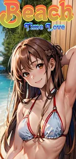 Anime girl enjoying a sunny beach day.